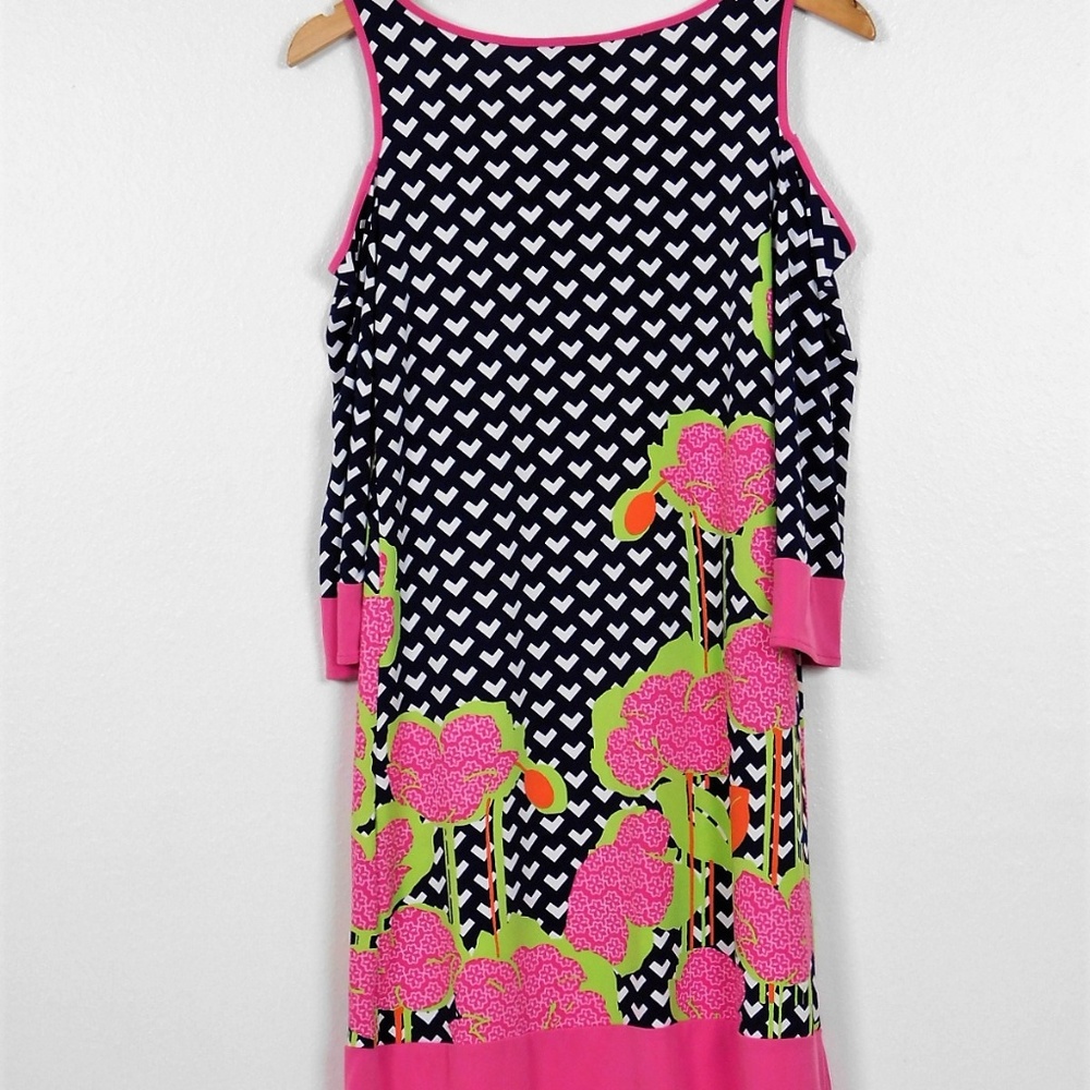 KAARI BLUE Cold Shoulder Shift Dress XS Navy Pink Stretch Knit Preppy Tropical - Picture 6 of 8